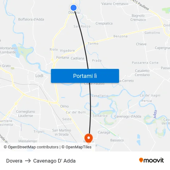 Dovera to Cavenago D' Adda map