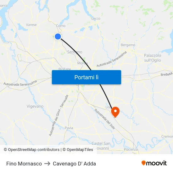 Fino Mornasco to Cavenago D' Adda map
