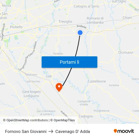Fornovo San Giovanni to Cavenago D' Adda map