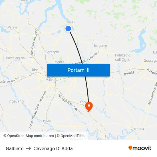 Galbiate to Cavenago D' Adda map