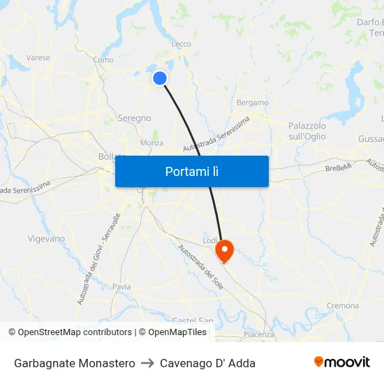 Garbagnate Monastero to Cavenago D' Adda map