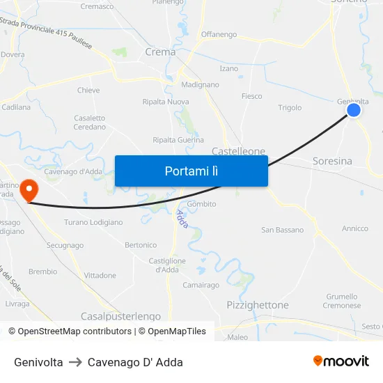 Genivolta to Cavenago D' Adda map
