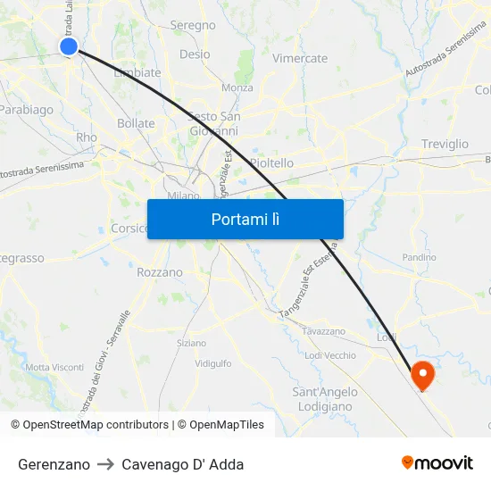Gerenzano to Cavenago D' Adda map