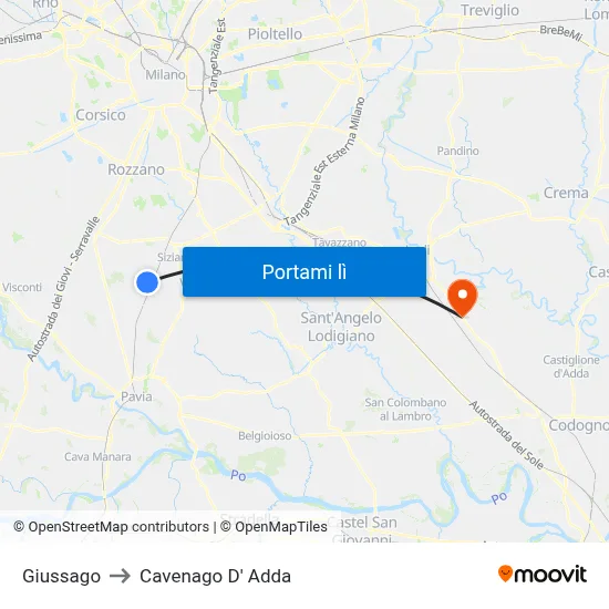 Giussago to Cavenago D' Adda map