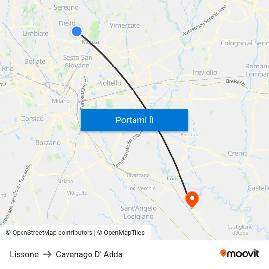 Lissone to Cavenago D' Adda map
