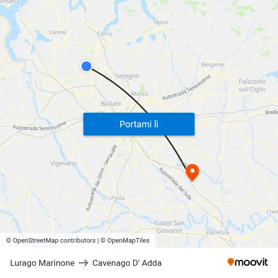 Lurago Marinone to Cavenago D' Adda map