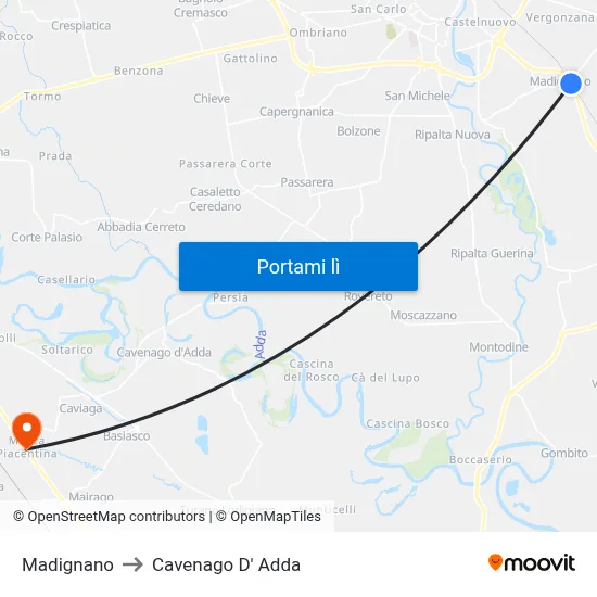 Madignano to Cavenago D' Adda map