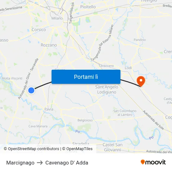 Marcignago to Cavenago D' Adda map