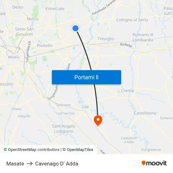 Masate to Cavenago D' Adda map
