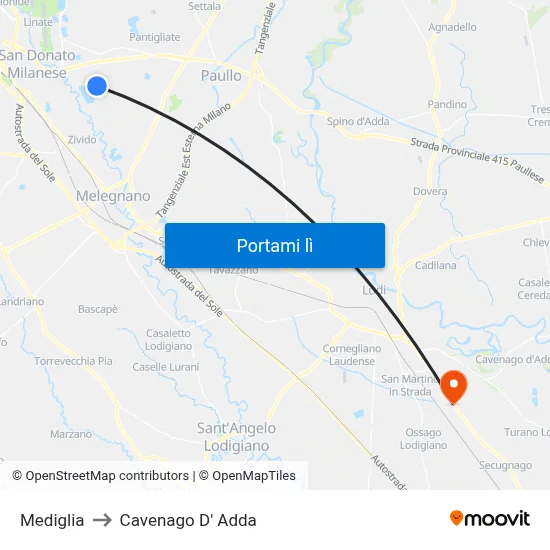 Mediglia to Cavenago D' Adda map