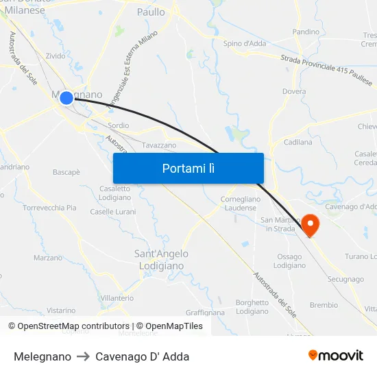 Melegnano to Cavenago D' Adda map