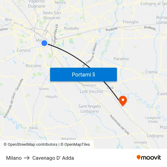 Milano to Cavenago D' Adda map