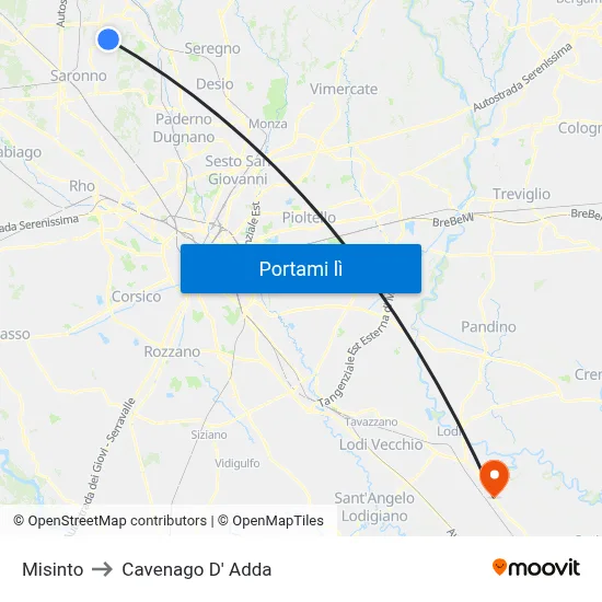 Misinto to Cavenago D' Adda map