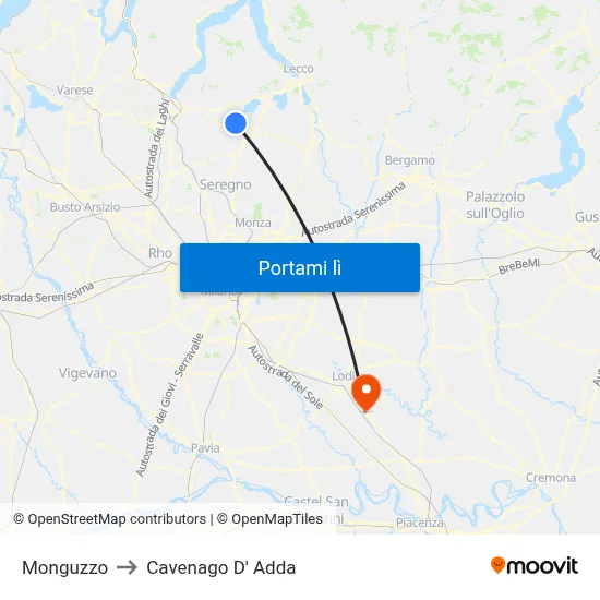 Monguzzo to Cavenago D' Adda map