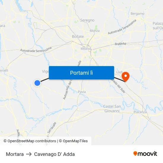 Mortara to Cavenago D' Adda map