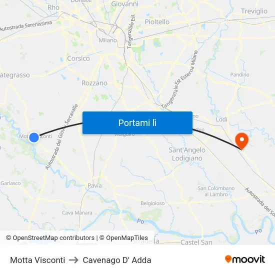 Motta Visconti to Cavenago D' Adda map