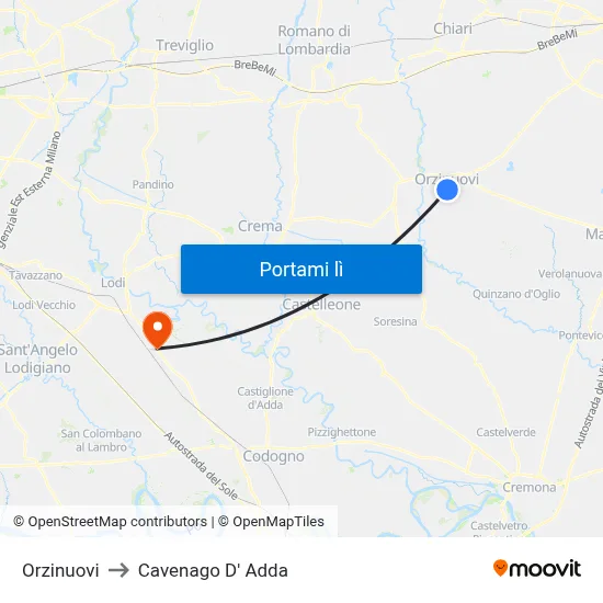 Orzinuovi to Cavenago D' Adda map