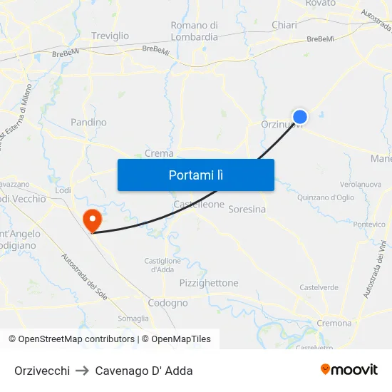 Orzivecchi to Cavenago D' Adda map