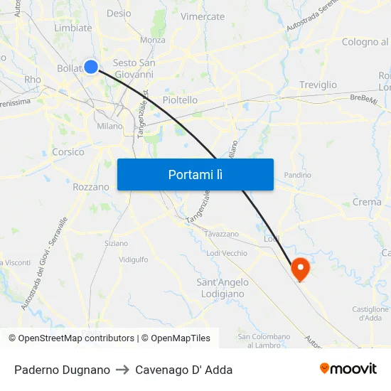 Paderno Dugnano to Cavenago D' Adda map