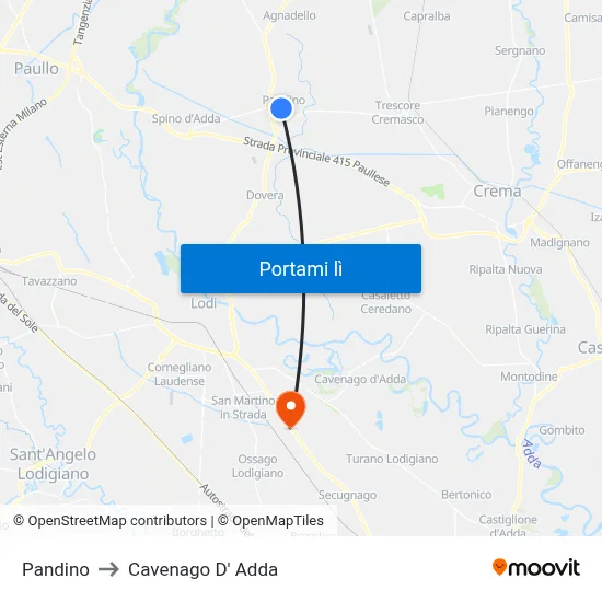 Pandino to Cavenago D' Adda map