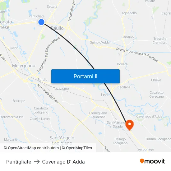 Pantigliate to Cavenago D' Adda map