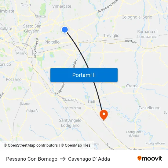 Pessano Con Bornago to Cavenago D' Adda map
