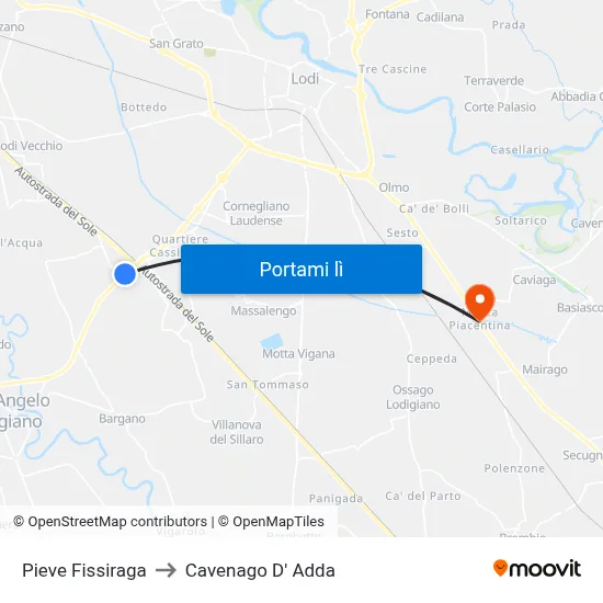 Pieve Fissiraga to Cavenago D' Adda map