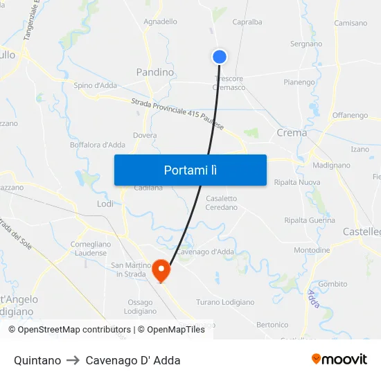 Quintano to Cavenago D' Adda map