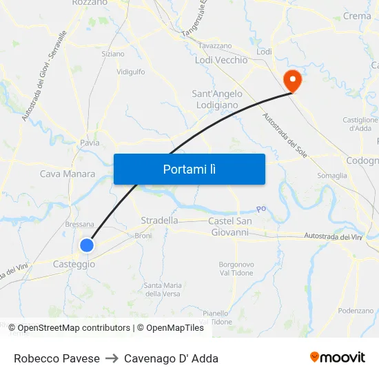 Robecco Pavese to Cavenago D' Adda map