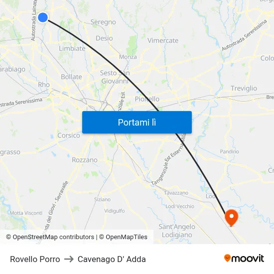 Rovello Porro to Cavenago D' Adda map