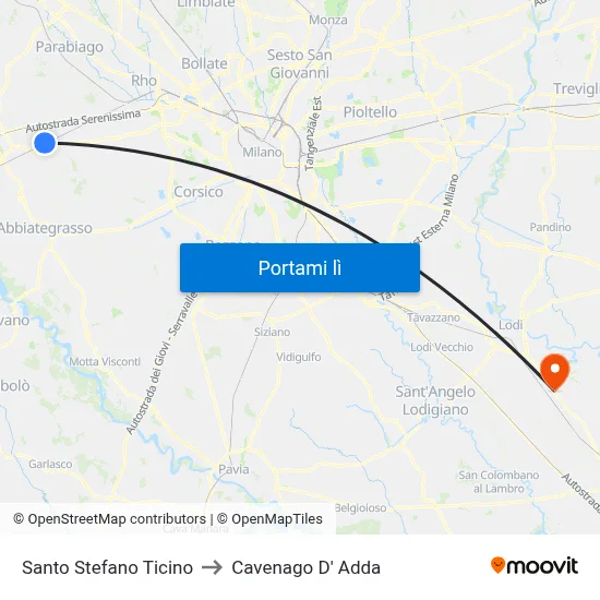 Santo Stefano Ticino to Cavenago D' Adda map