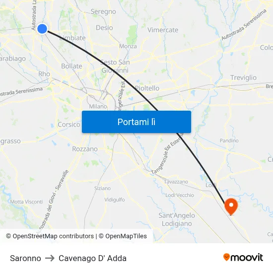 Saronno to Cavenago D' Adda map