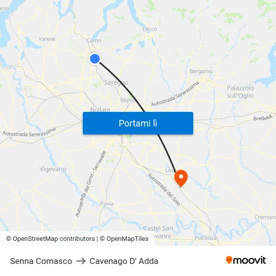 Senna Comasco to Cavenago D' Adda map