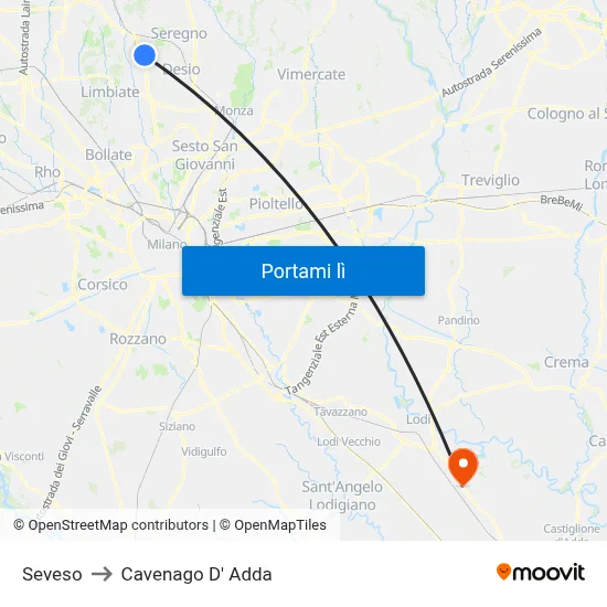 Seveso to Cavenago D' Adda map