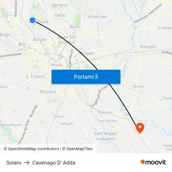 Solaro to Cavenago D' Adda map