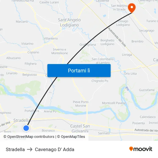 Stradella to Cavenago D' Adda map