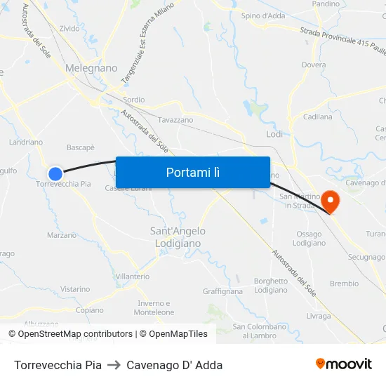 Torrevecchia Pia to Cavenago D' Adda map
