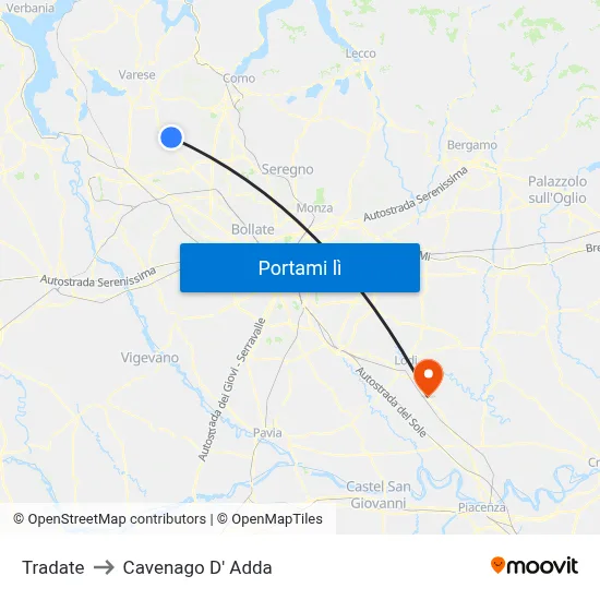 Tradate to Cavenago D' Adda map