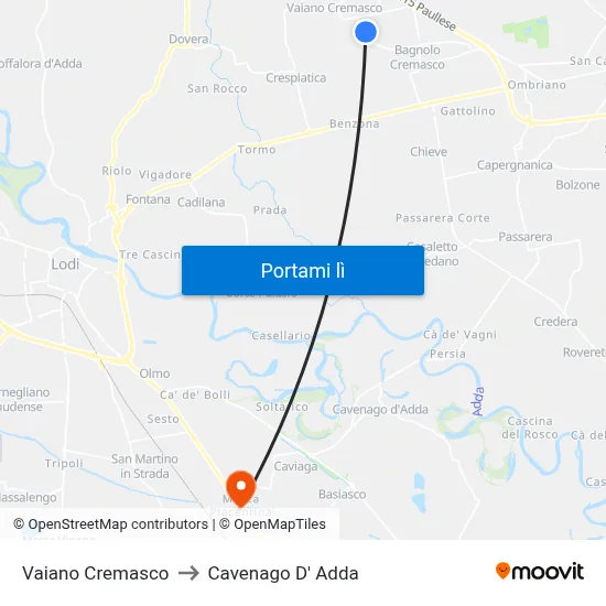 Vaiano Cremasco to Cavenago D' Adda map
