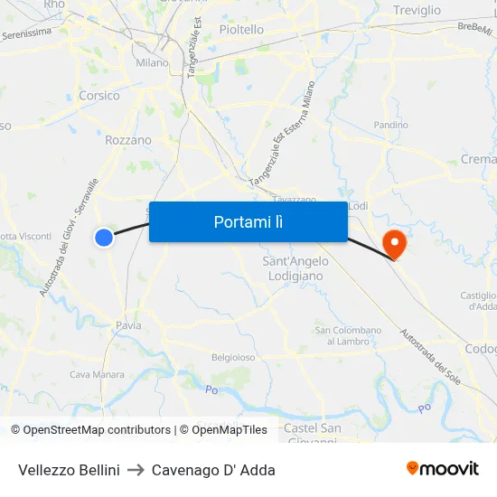 Vellezzo Bellini to Cavenago D' Adda map