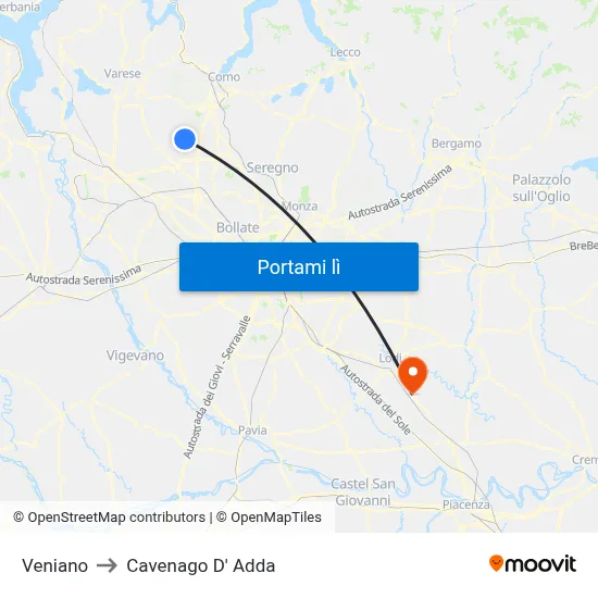 Veniano to Cavenago D' Adda map