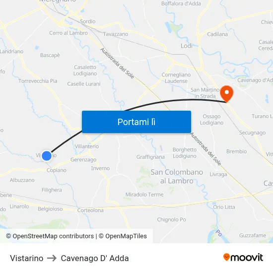 Vistarino to Cavenago D' Adda map
