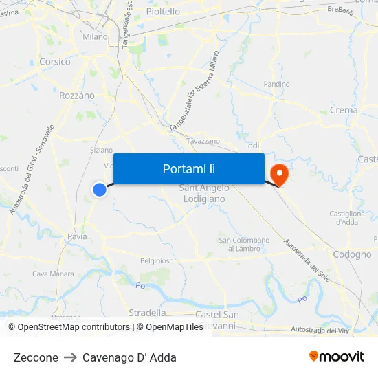 Zeccone to Cavenago D' Adda map