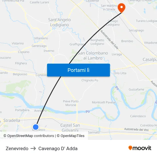 Zenevredo to Cavenago D' Adda map