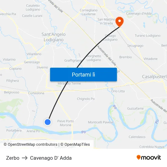 Zerbo to Cavenago D' Adda map