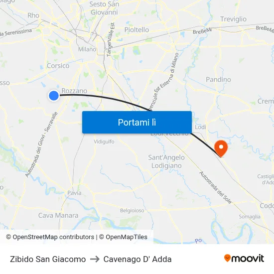 Zibido San Giacomo to Cavenago D' Adda map