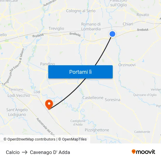 Calcio to Cavenago D' Adda map