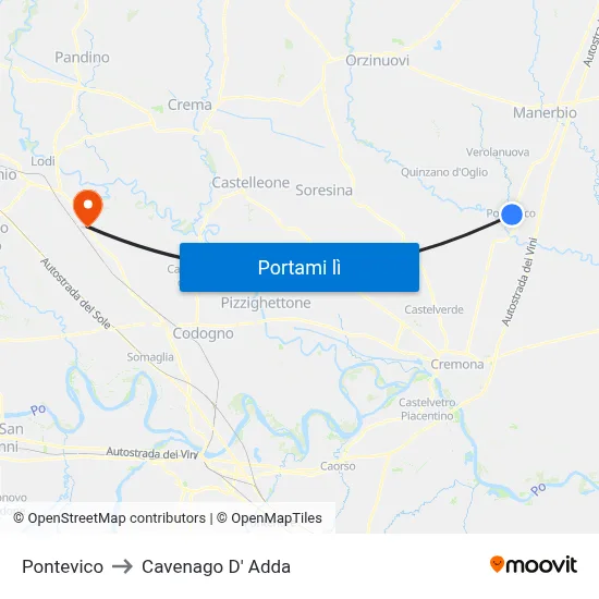 Pontevico to Cavenago D' Adda map