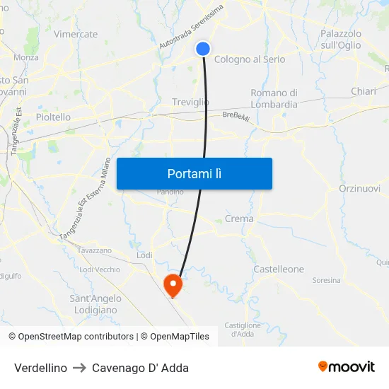 Verdellino to Cavenago D' Adda map