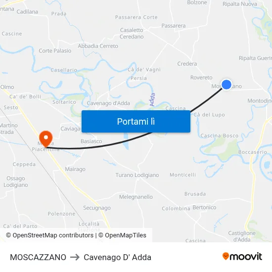MOSCAZZANO to Cavenago D' Adda map